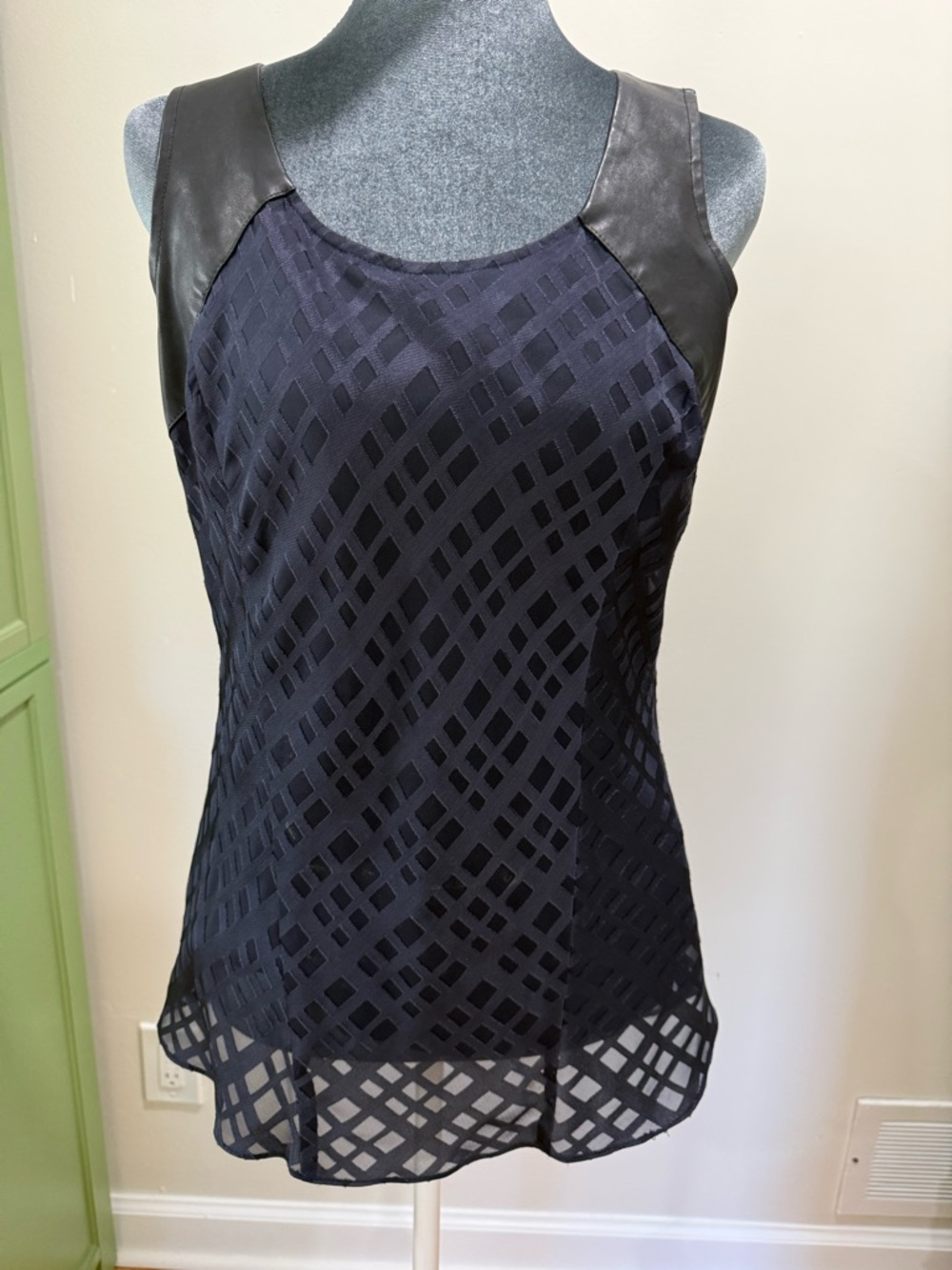 Black Lattice Sheer Overlay Camisole with Faux Leather Trim